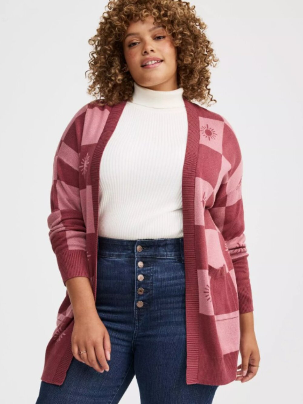 Torrid Drop Shoulder Cardigan Pink Checked Sun NWT 1/14